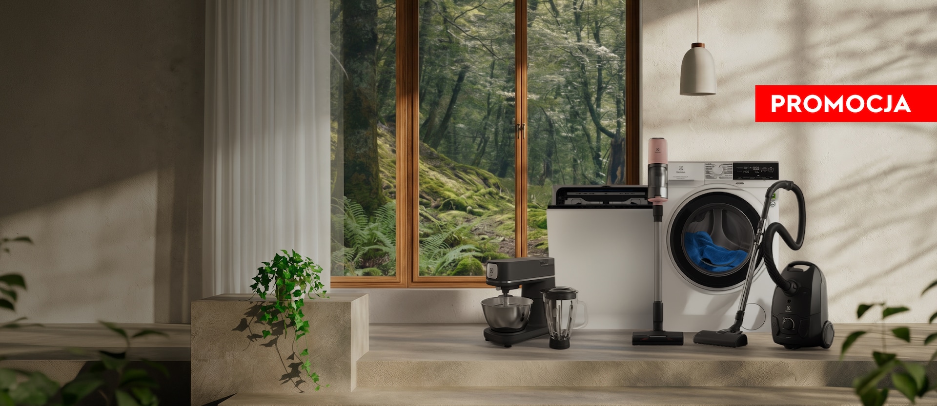 AGD od Electrolux na tle jasnego pokoju w skandynawskim stylu z dużym oknem